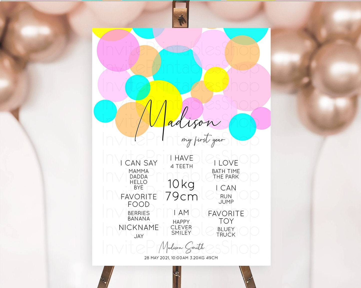 Pastel First Birthday Milestone Poster Pastel Rainbow Confetti First Birthday Milestone Board Colorful Bubbles Birthday Welcome Sign D10896