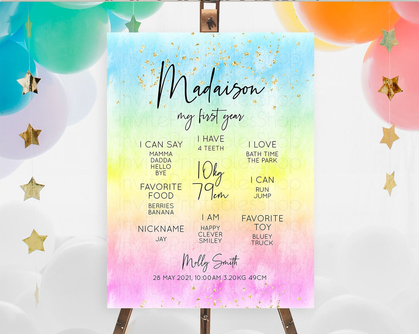 Pastel First Birthday Milestone Board Pastel Rainbow Milestone Poster Colorful Confetti Watercolor Glitter 1st Birthday Welcome Sign D10480