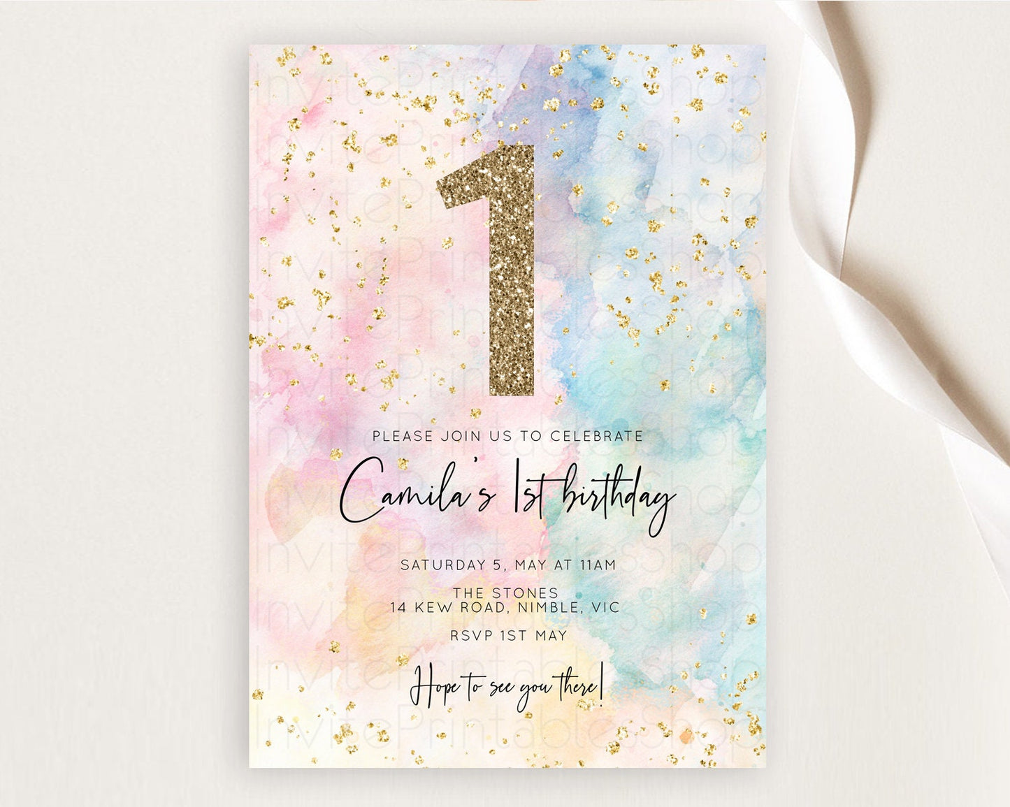 Rainbow Birthday Invitation Colorful Pastel Watercolor Invitation Gold Glitter Sprinkles Ombre Pastel 1st 2nd 3rd Birthday D10276