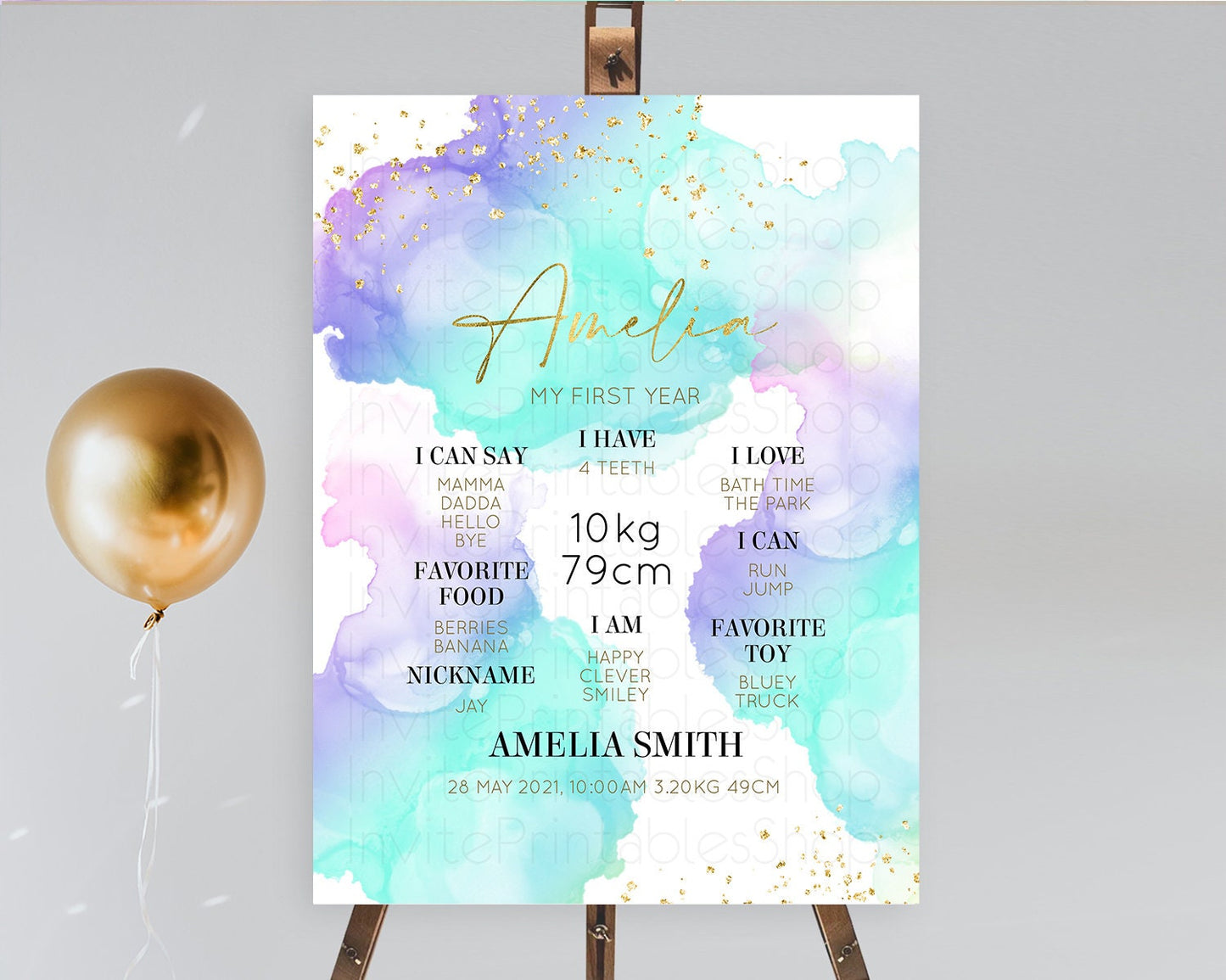 Pastel First Birthday Milestone Board Pastel Rainbow Milestone Poster Colorful Confetti Watercolor Glitter 1st Birthday Welcome Sign D10212