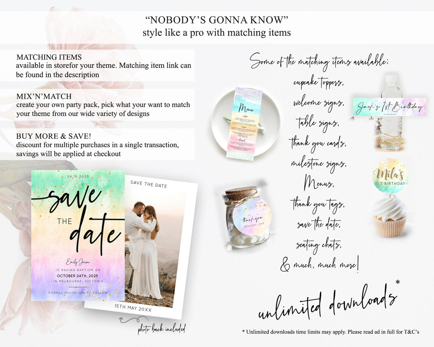 Pastel Save The Date Template Pastel Ombre Rainbow Watercolor Colorful Party For Birthday Baptism Baby Shower Wedding Bridal Shower D10485