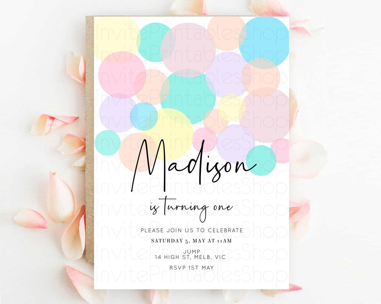 Pastel Birthday Invitation Pastel Confetti Birthday Invitation Bubbles Invitation Colorful Rainbow Confetti 2nd 1st First Birthday D10223