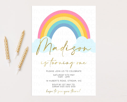 Rainbow Birthday Invitation Colorful Pastel Invitation Heart Rainbow Invite Watercolor Pink Blue Yellow Clouds 1st 2nd 3rd Birthday 190