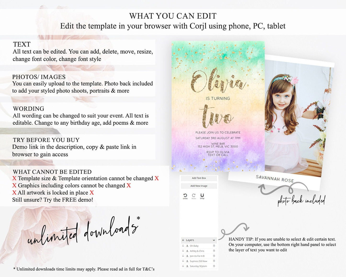 Rainbow Birthday Invitation Colorful Pastel Watercolor Invitation Gold Glitter Sprinkles Ombre Pastel 1st 2nd 3rd Birthday D10478
