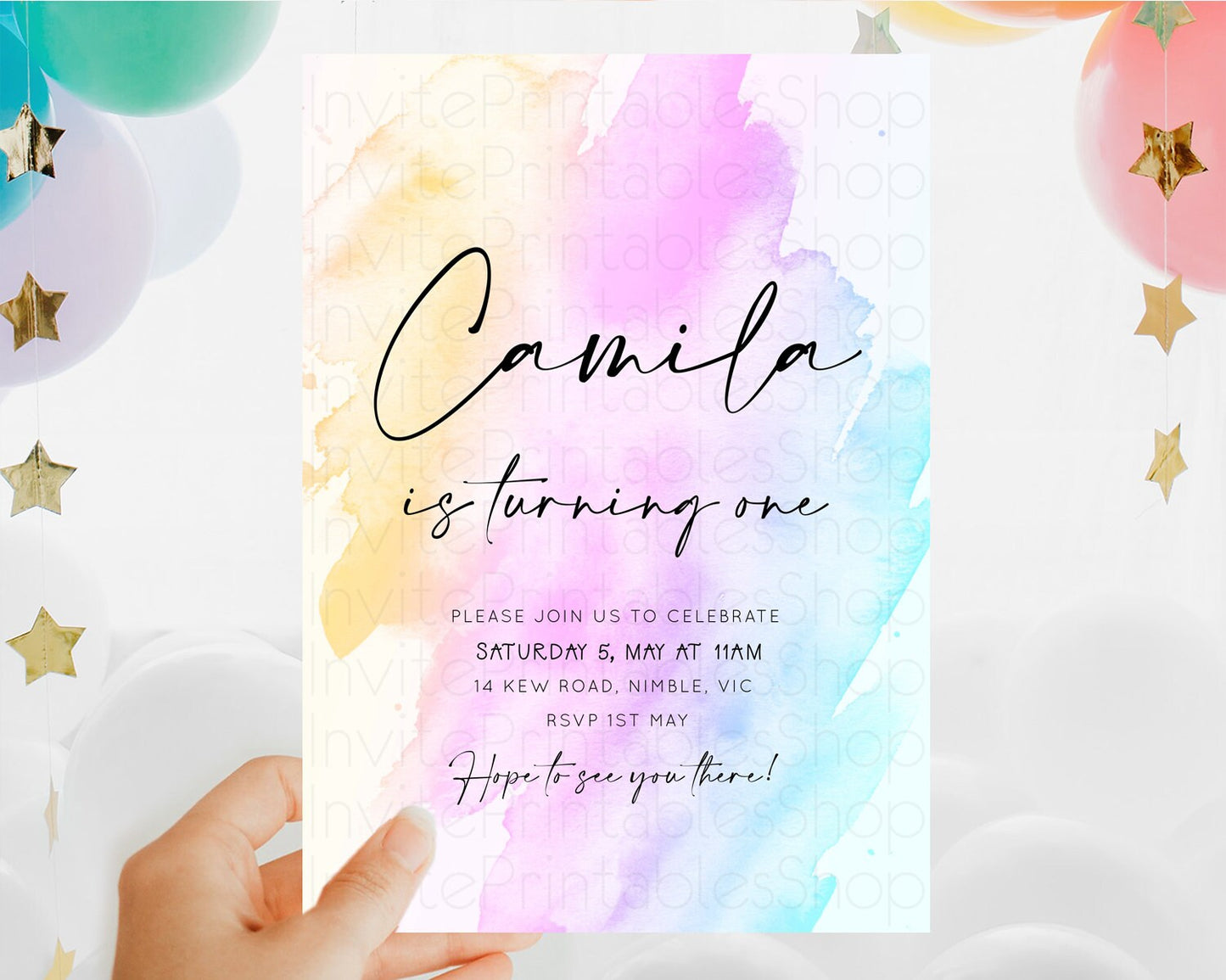 Rainbow Birthday Invitation Colorful Pastel Watercolor Invitation Gold Glitter Sprinkles Ombre Pastel 1st 2nd 3rd Birthday D10175