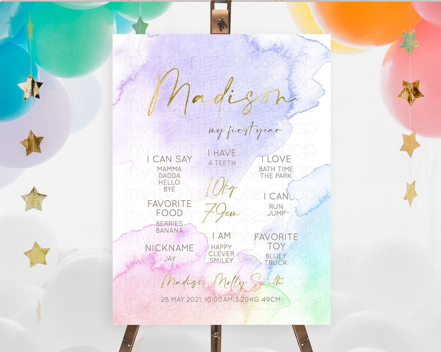 Pastel First Birthday Milestone Board Pastel Rainbow Milestone Poster Colorful Confetti Watercolor Glitter 1st Birthday Welcome Sign D10215