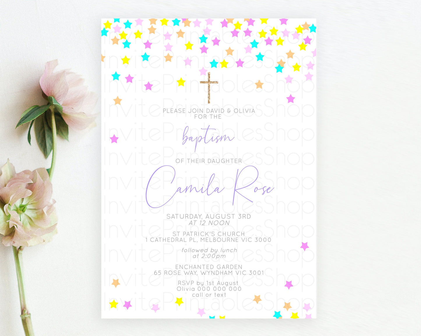 Star Baptism Invitation Pastel Stars Baptism 1st Birthday Invitation Rainbow Colors Confetti Twinkle Little Star Christening Invite D10397