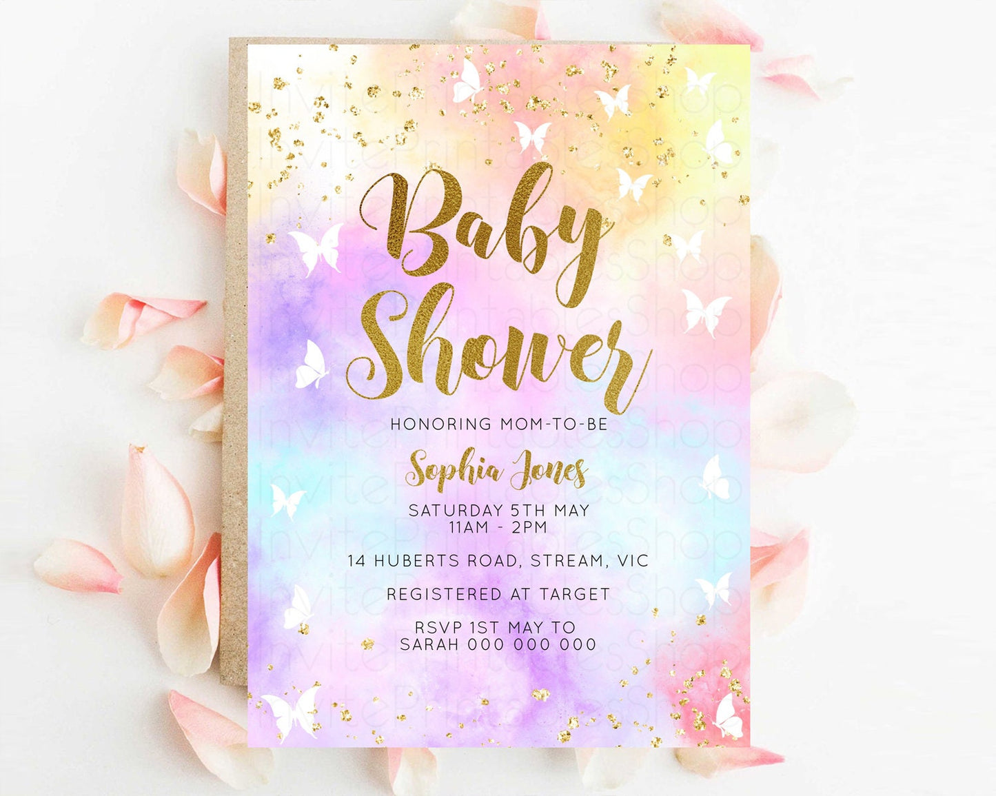 Rainbow Baby Shower Invitation Pastel Baby Sower Invitation Colorful Invite Sprinkle Confetti Watercolor Butterfly Baby Shower Invite D10435