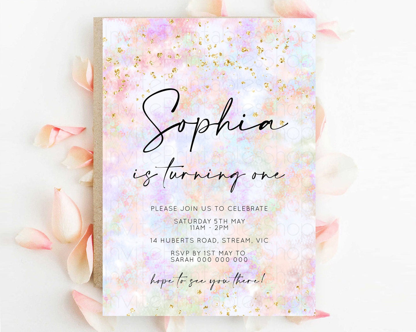 Rainbow Birthday Invitation Colorful Pastel Watercolor Invitation Gold Glitter Sprinkles Ombre Pastel 1st 2nd 3rd Birthday D10649