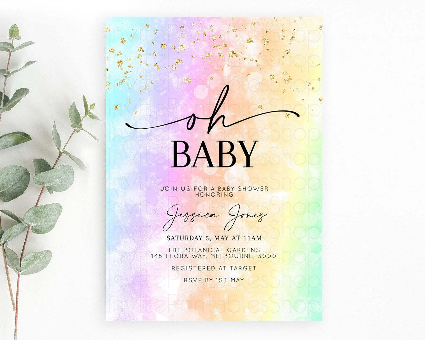 Pastel Watercolor Baby Shower Invitation with Iridescent & Gold Glitter Sprinkles, Ombre Effect - Teal, Purple, Yellow, and Green  D10647