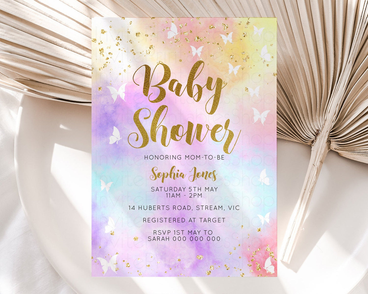 Rainbow Baby Shower Invitation Pastel Baby Sower Invitation Colorful Invite Sprinkle Confetti Watercolor Butterfly Baby Shower Invite D10435