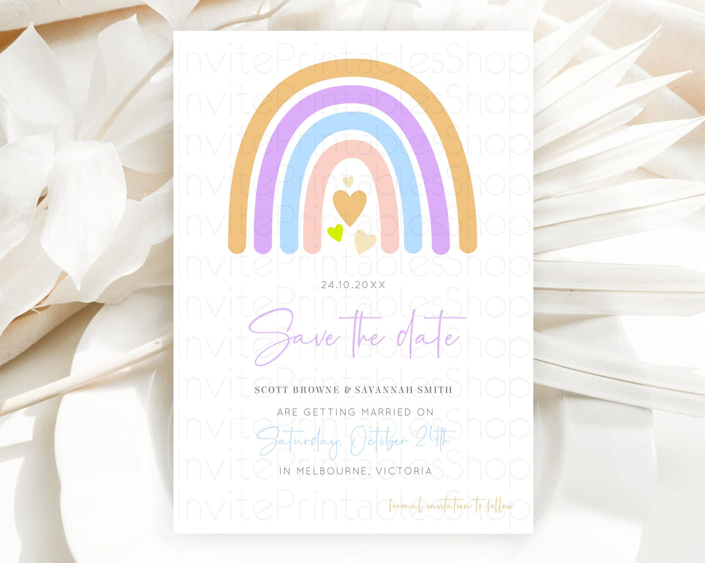 Pastel Rainbow Save The Date Template Boho Colorful Rainbow Party Rainbow Baby Theme For 1st Birthday Baptism Baby Shower Wedding D10238