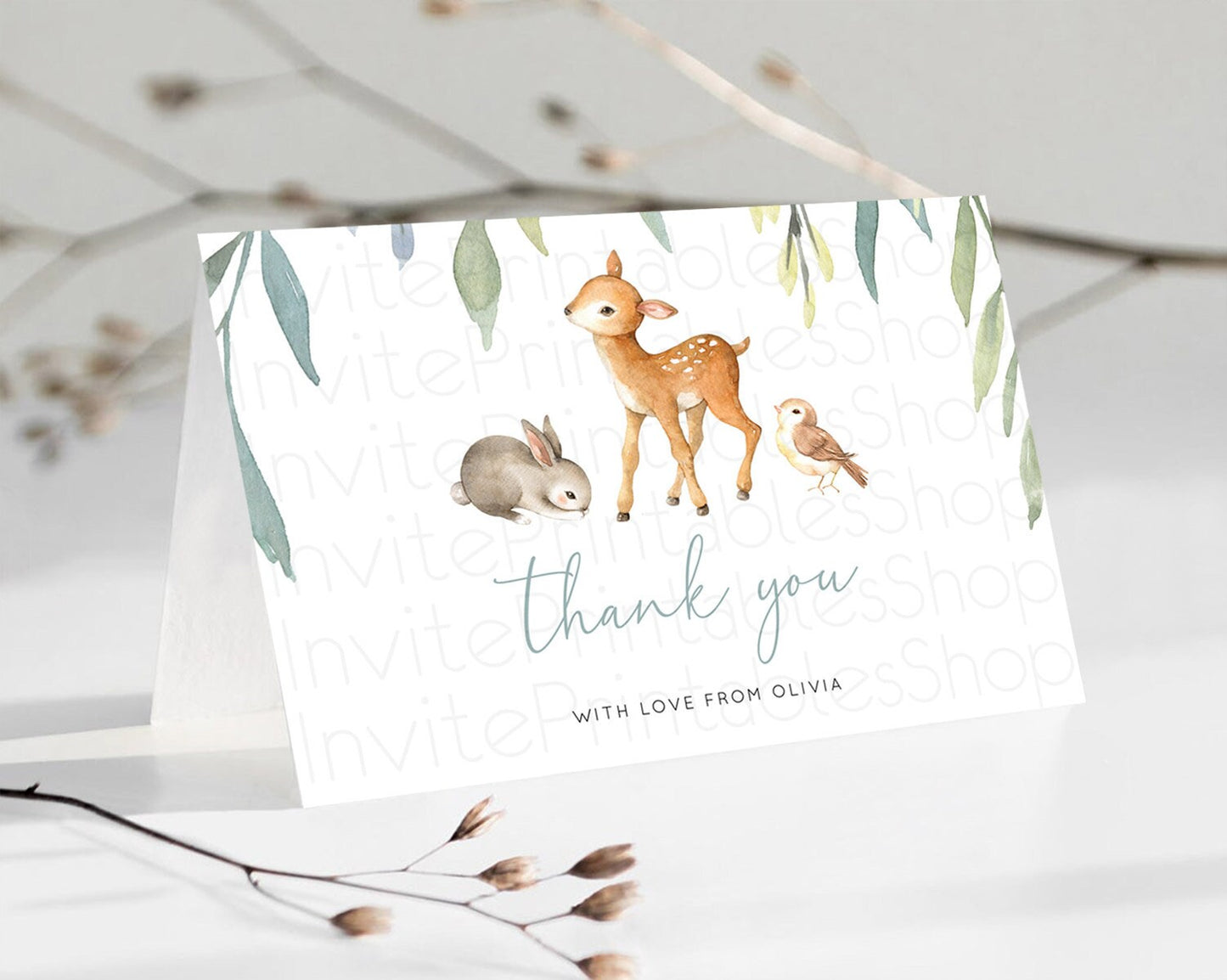 Editable Fawn Thank You Deer Thank You Card Pastel Floral Deer Birthday Than