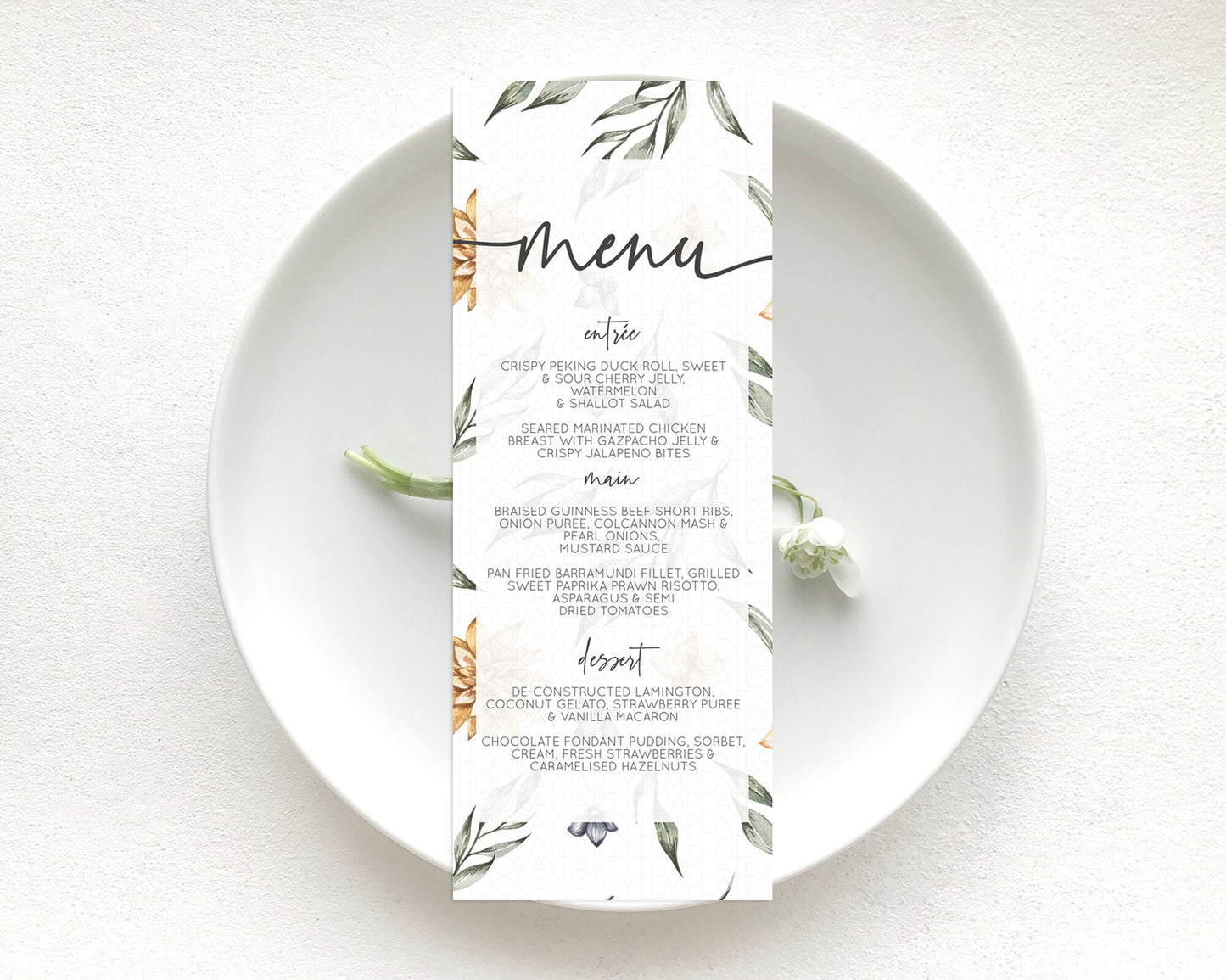 Leafy Menu Green Leaf Menu Template Eucalyptus Fern Leaves Decor Watercolor Boho Garden Leaf Branch Dinner Dessert Party Food Menu D10544