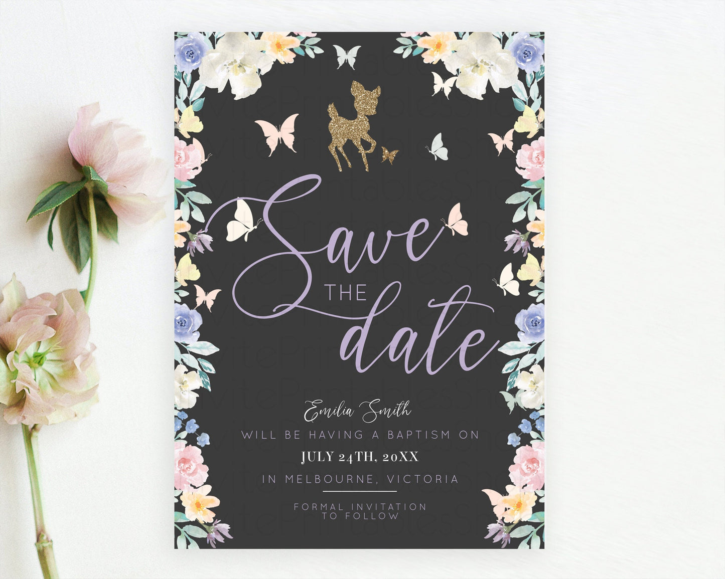 Fawn Deer Save The Date Template Pastel Floral Deer Enchanted Forest Butterfly Party 1st Birthday Baptism Baby Shower Bridal Shower D10323