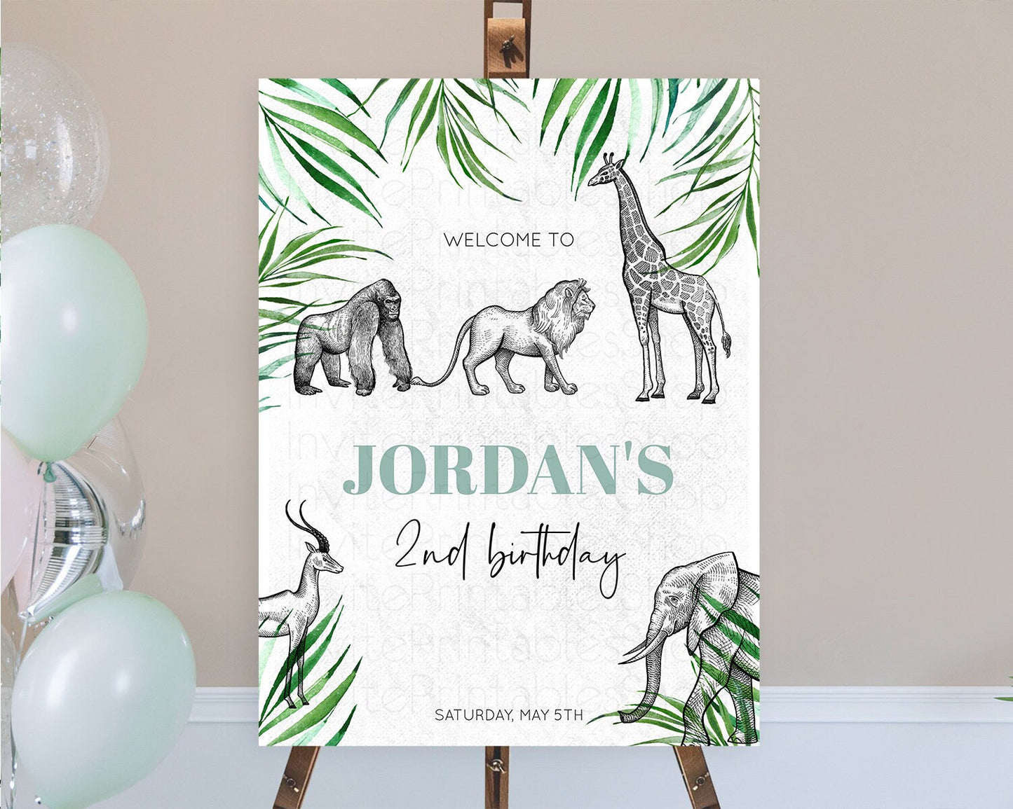 Safari Welcome Sign Safari Welcome Board Lion Gorilla Elephant Rhino Tropical Palm Zoo Party Decor First Birthday Welcome Sign D10853