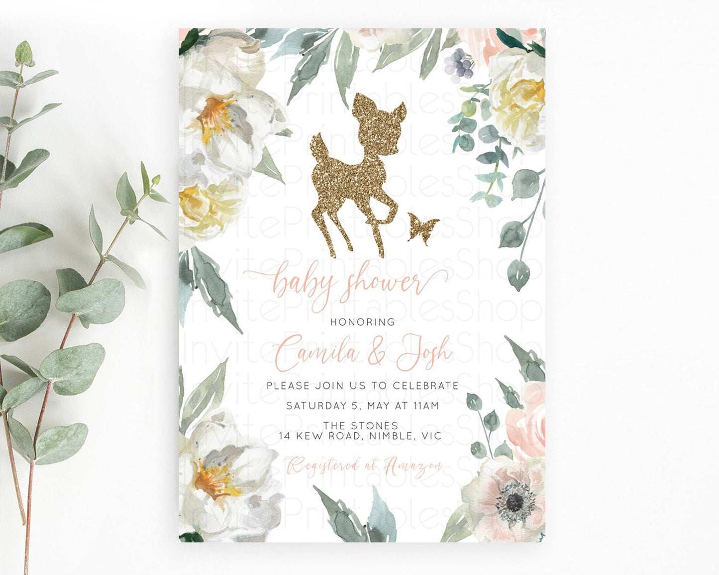 Fawn Baby Shower Invitation Deer Baby Shower Invites Enchanted Forest Theme Butterfly Pastel Flowers Whimsical Baby Shower D10120