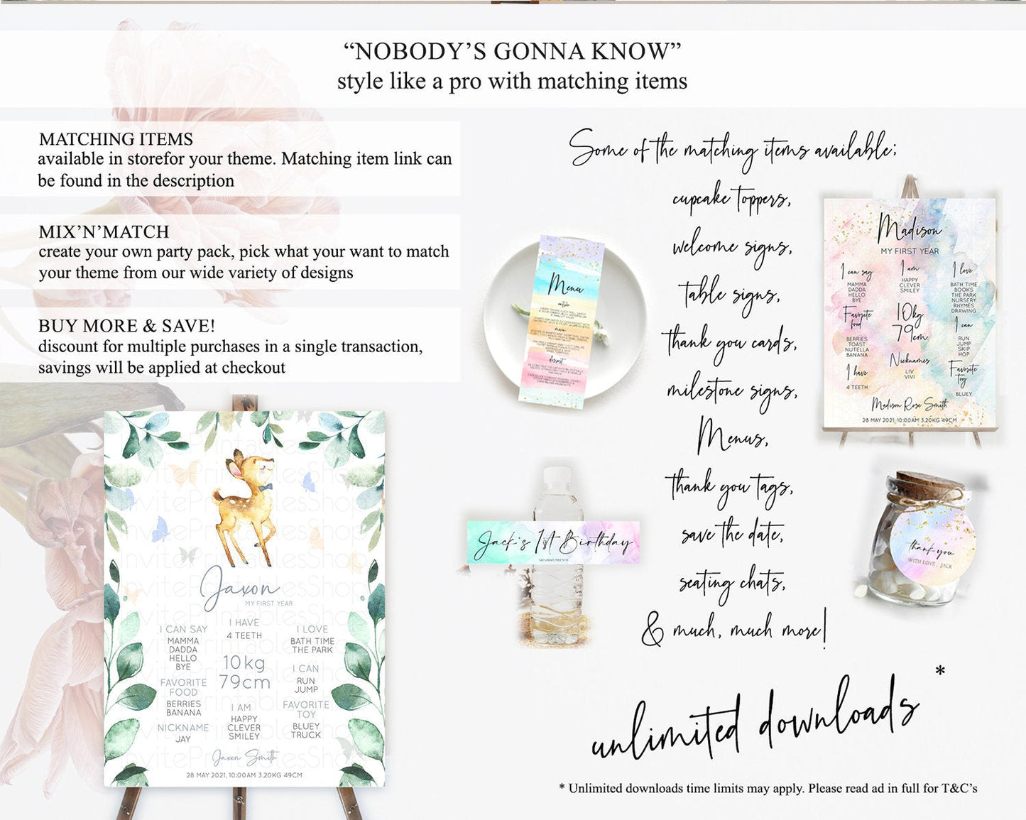 Fawn First Birthday Milestone Board Deer First Birthday Milestone Poster Enchanted Forest Butterfly Pastel Flowers 1st Birthday Sign D10767