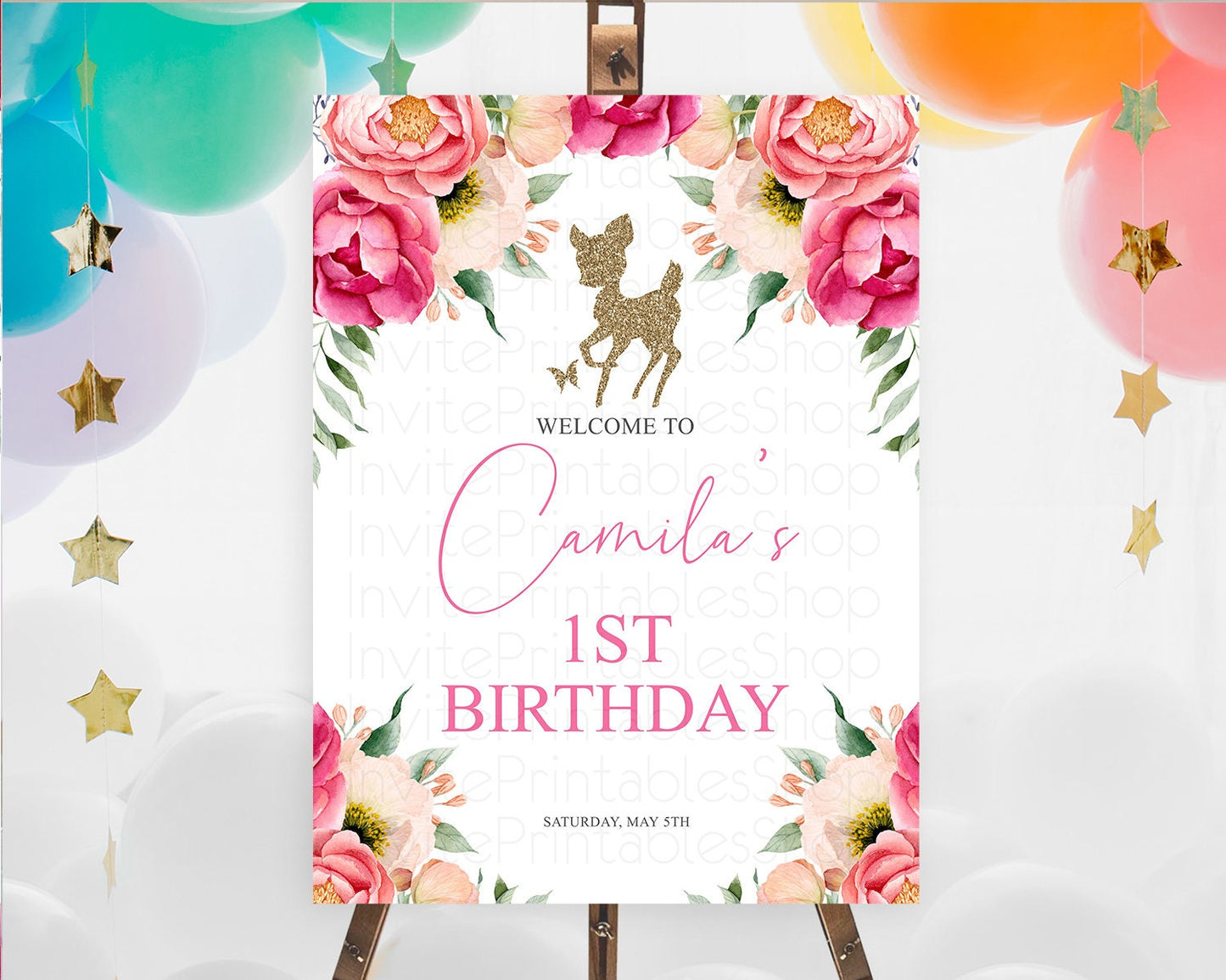 Fawn Welcome Sign Deer Welcome Board Floral Deer Welcome Poster Enchanted Forest Butterfly Pastel Floral First Birthday Welcome Sign D10326