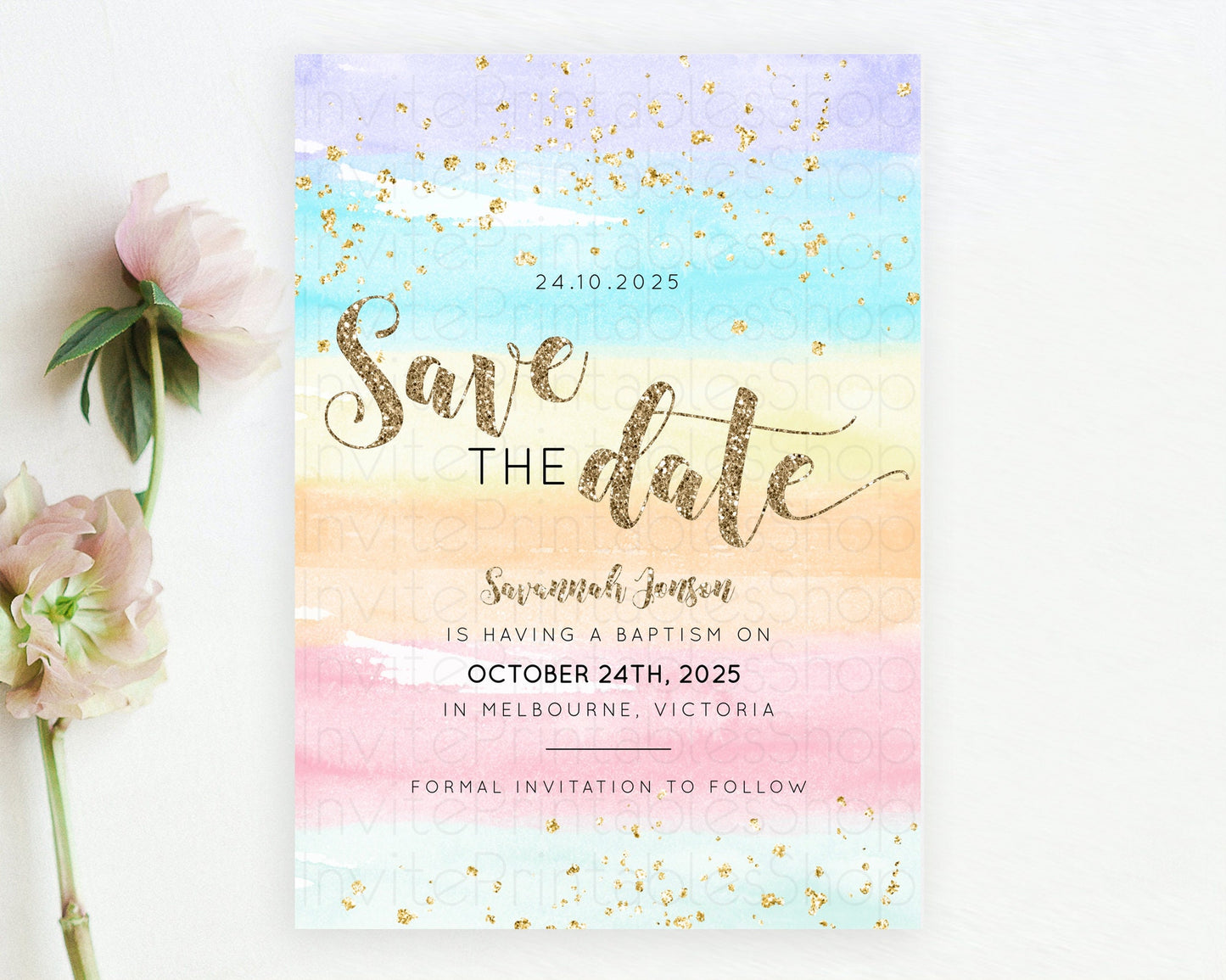 Pastel Save The Date Template Pastel Ombre Rainbow Watercolor Colorful Party For Birthday Baptism Baby Shower Wedding Bridal Shower D10508