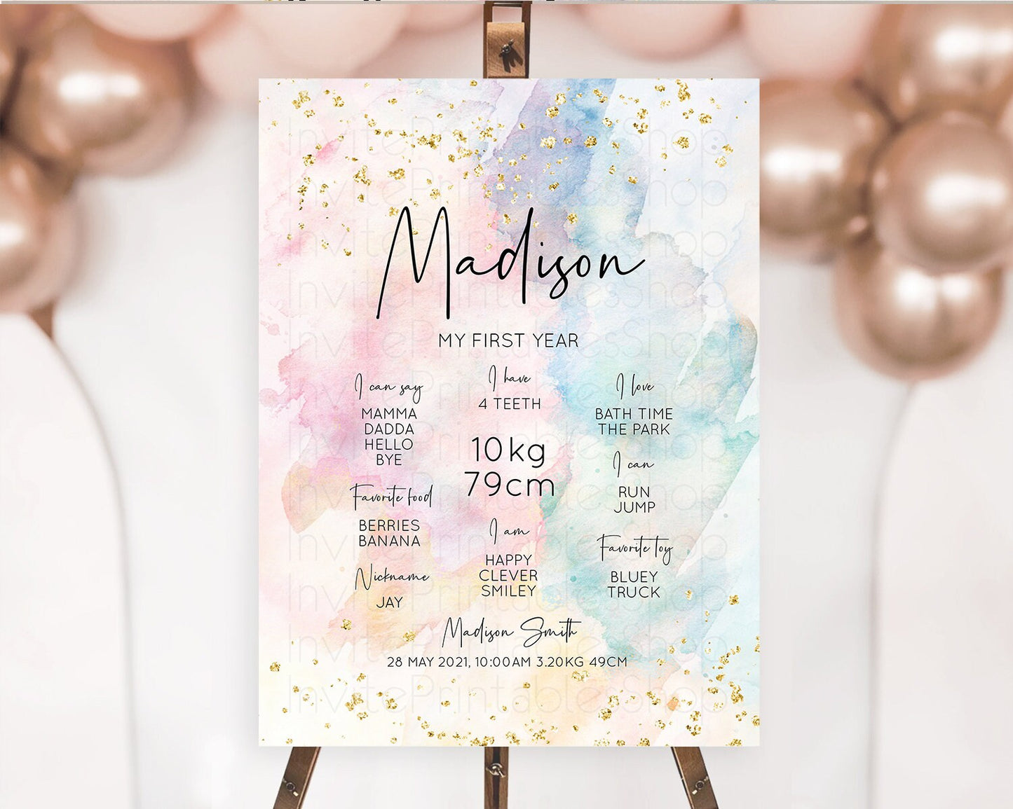 Pastel First Birthday Milestone Board Pastel Rainbow Milestone Poster Colorful Confetti Watercolor Glitter 1st Birthday Welcome Sign D10263