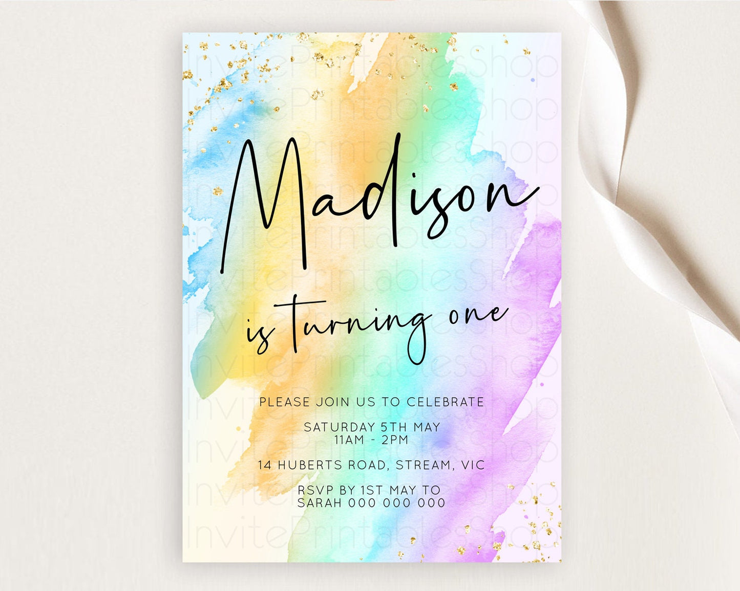 Rainbow Birthday Invitation Colorful Pastel Watercolor Invitation Gold Glitter Sprinkles Ombre Pastel 1st 2nd 3rd Birthday D10427