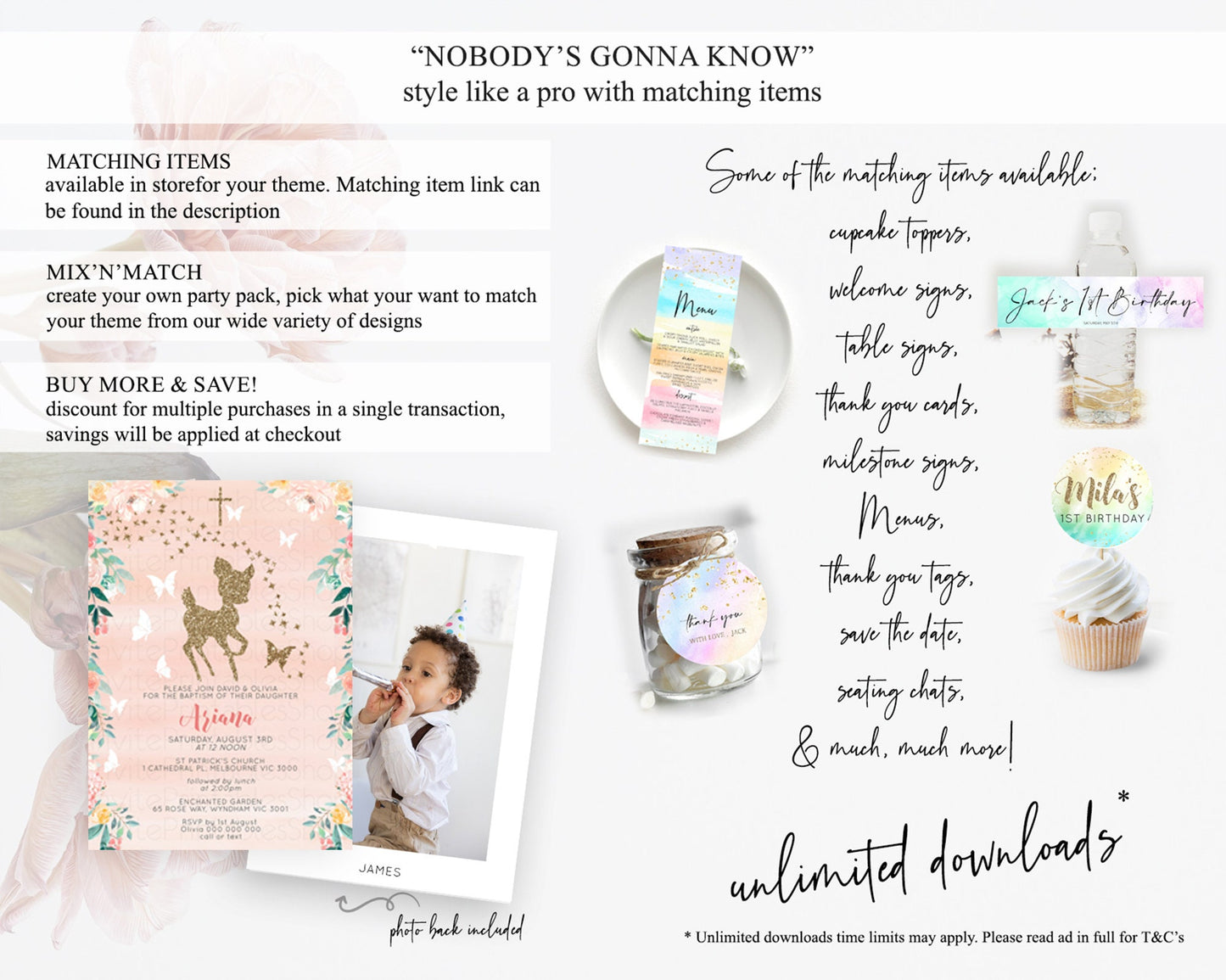 Fawn Baptism Invitation Deer Baptism 1st Birthday Invitation Enchanted Forest Christening Invitation Pastel Garden Butterfly Floral D10873