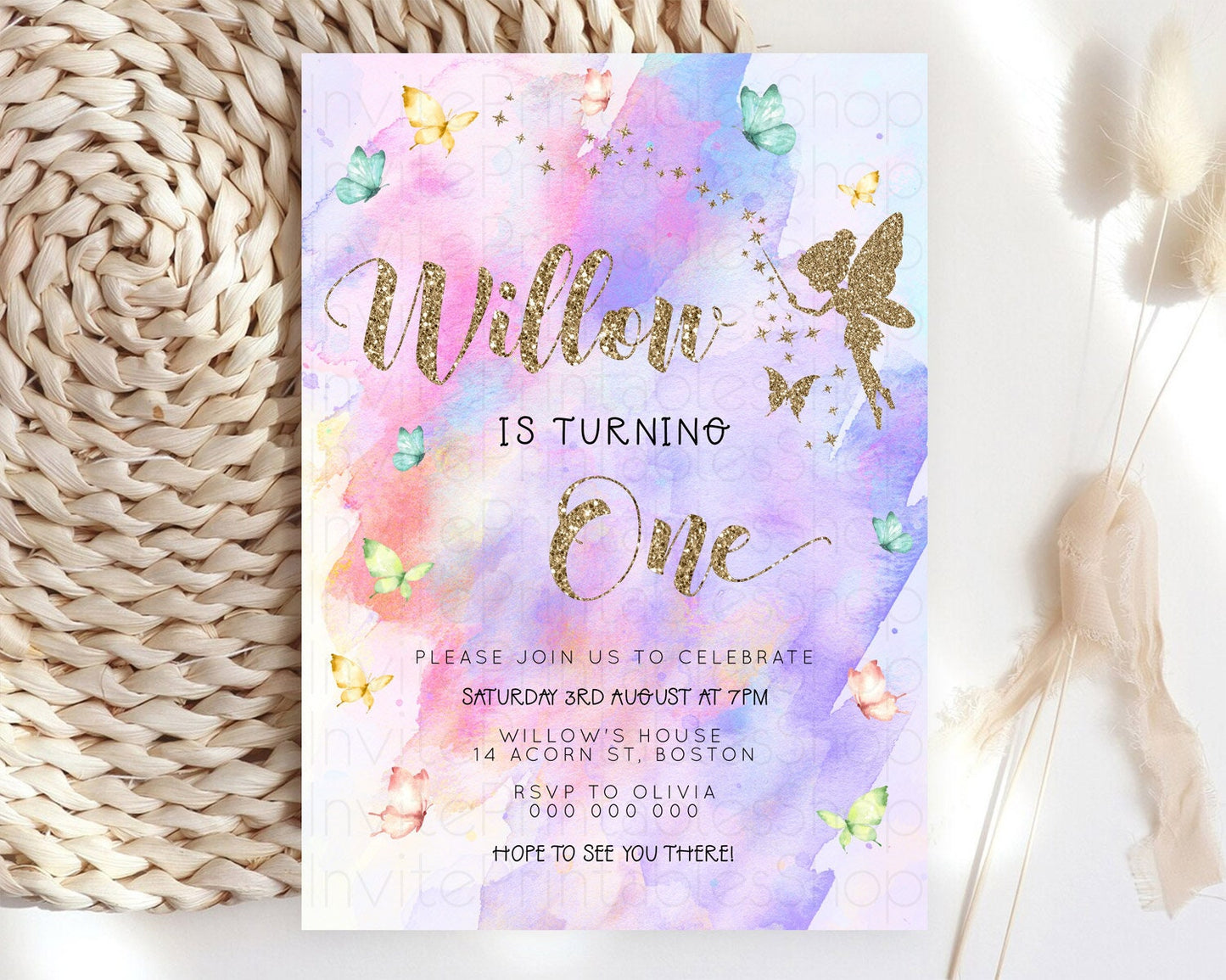 Pastel Fairy Birthday Invitation Pastel Butterflies Fairy Birthday Invitation Rainbow Ombre Watercolor 1st 2nd Birthday Invitation D23341