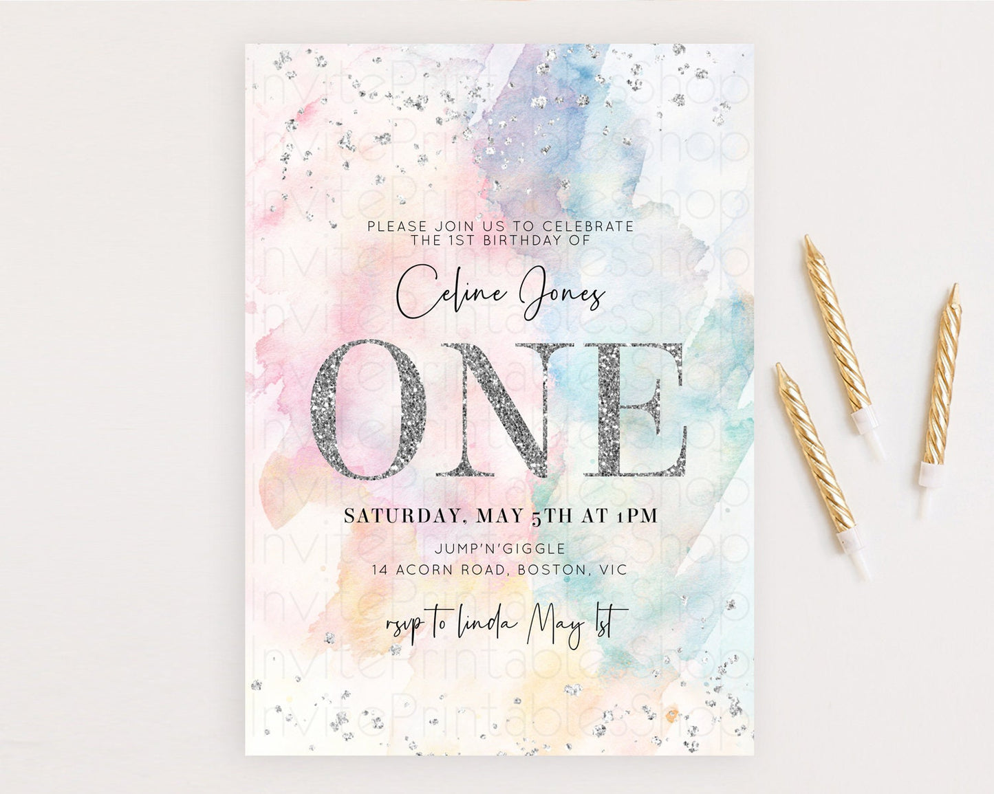 Rainbow Birthday Invitation Colorful Pastel Watercolor Silver Glitter Sprinkles Ombre Pastel Invitation 1st 2nd 3rd First Birthday D10945