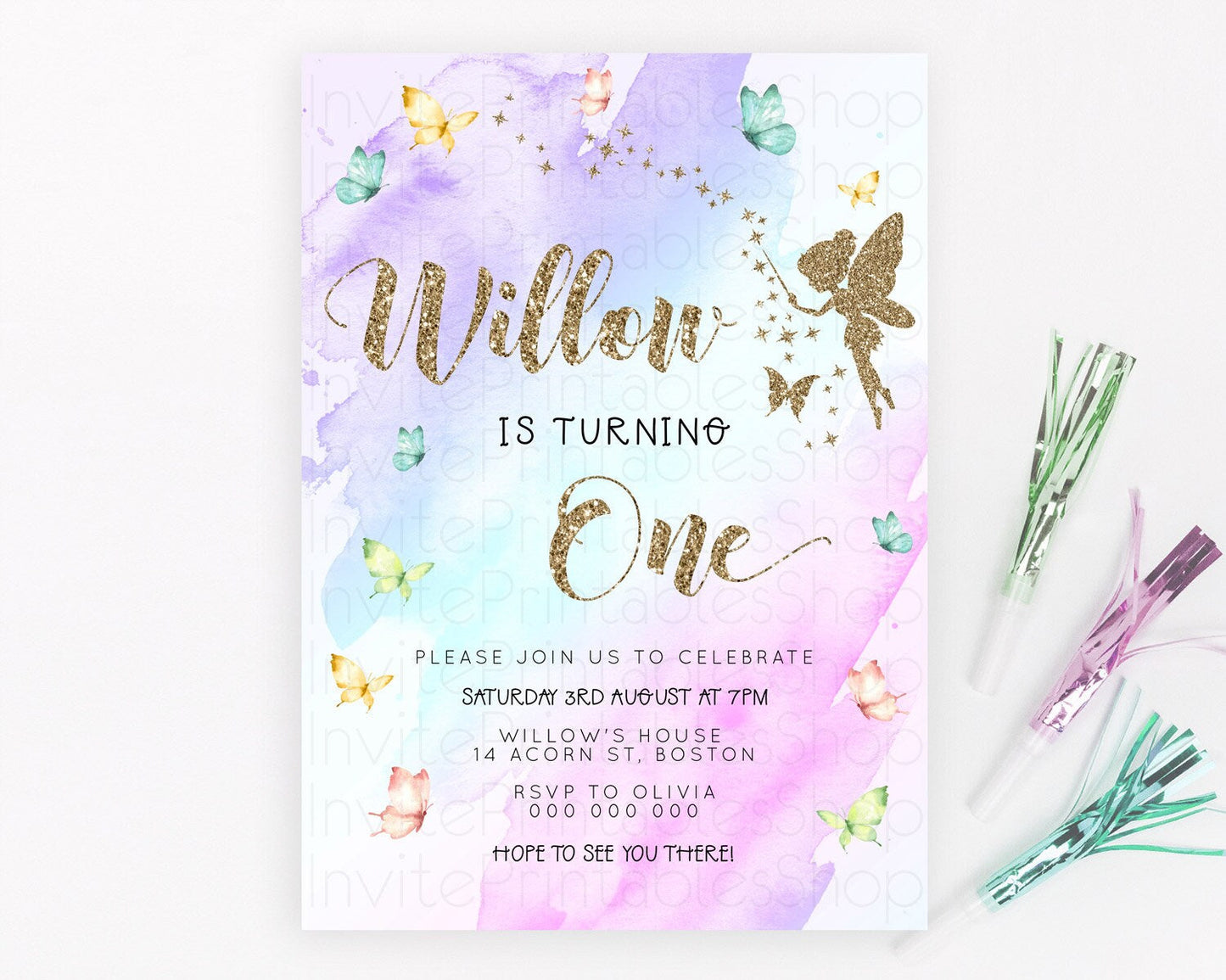 Pastel Fairy Birthday Invitation Pastel Butterflies Fairy Birthday Invitation Rainbow Ombre Watercolor 1st 2nd Birthday Invitation D23330