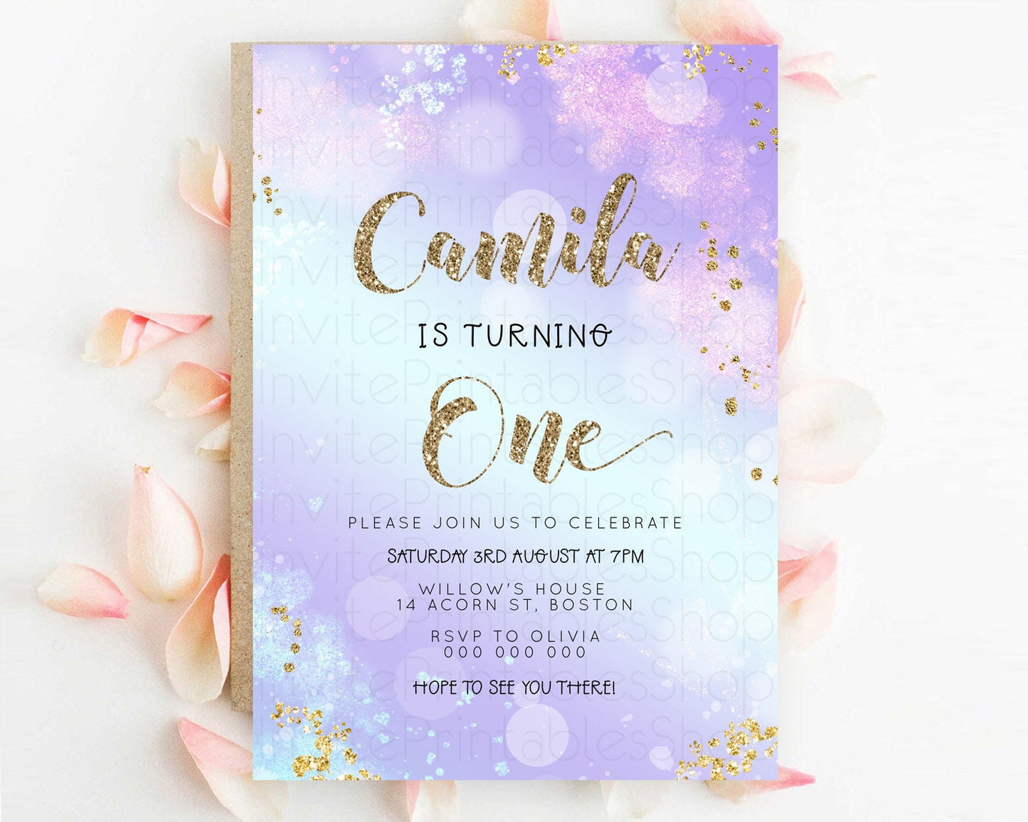 Rainbow Birthday Invitation Colorful Pastel Watercolor Invitation Gold Glitter Sprinkles Ombre Pastel 1st 2nd 3rd Birthday D23118