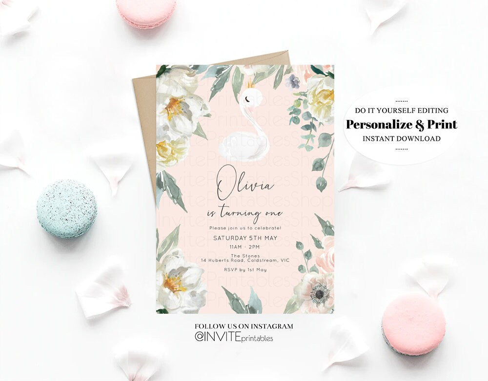 Swan Princess Birthday Invitation Swan Crown Princess Magical Enchanted Woodland Floral Secret Garden White Flowers  Custom Printable Invite