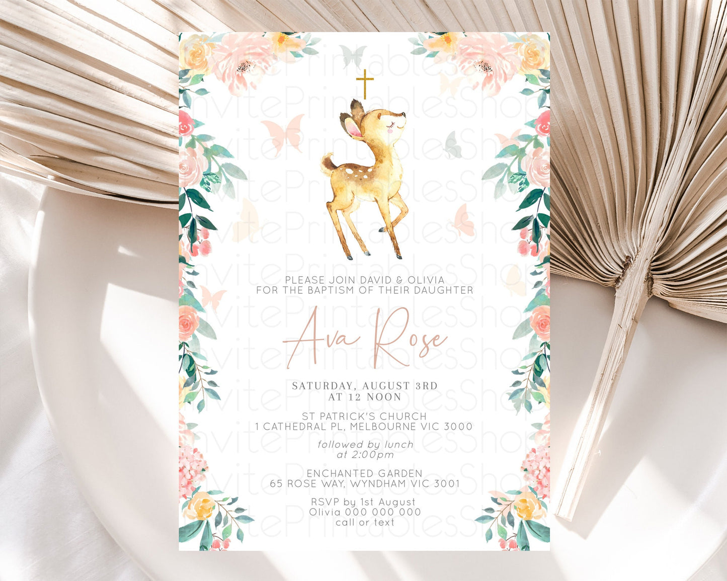 Fawn Baptism Invitation Deer Baptism 1st Birthday Invitation Enchanted Forest Christening Invitation Pastel Garden Butterfly Floral D10753