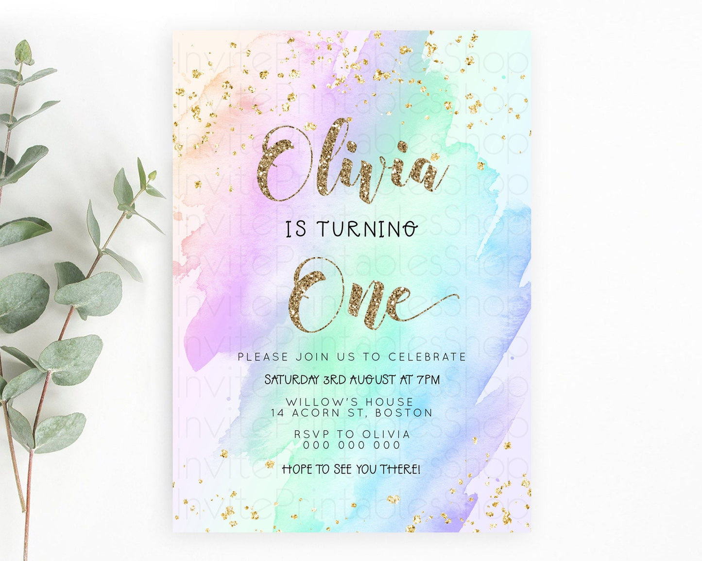 Rainbow Birthday Invitation Colorful Pastel Watercolor Invitation Gold Glitter Sprinkles Ombre Pastel 1st 2nd 3rd Birthday D23284