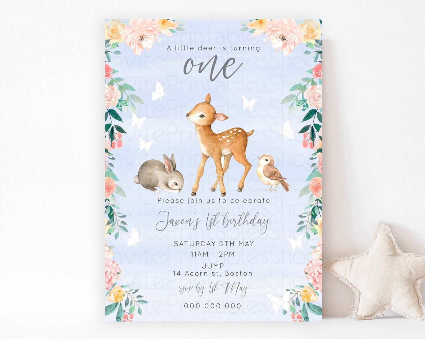 Fawn Birthday Invitation Deer Birthday Invitation Enchanted Forest Party Butterfly Pastel Flowers Whimsical 2nd 1st First Birthday D10920