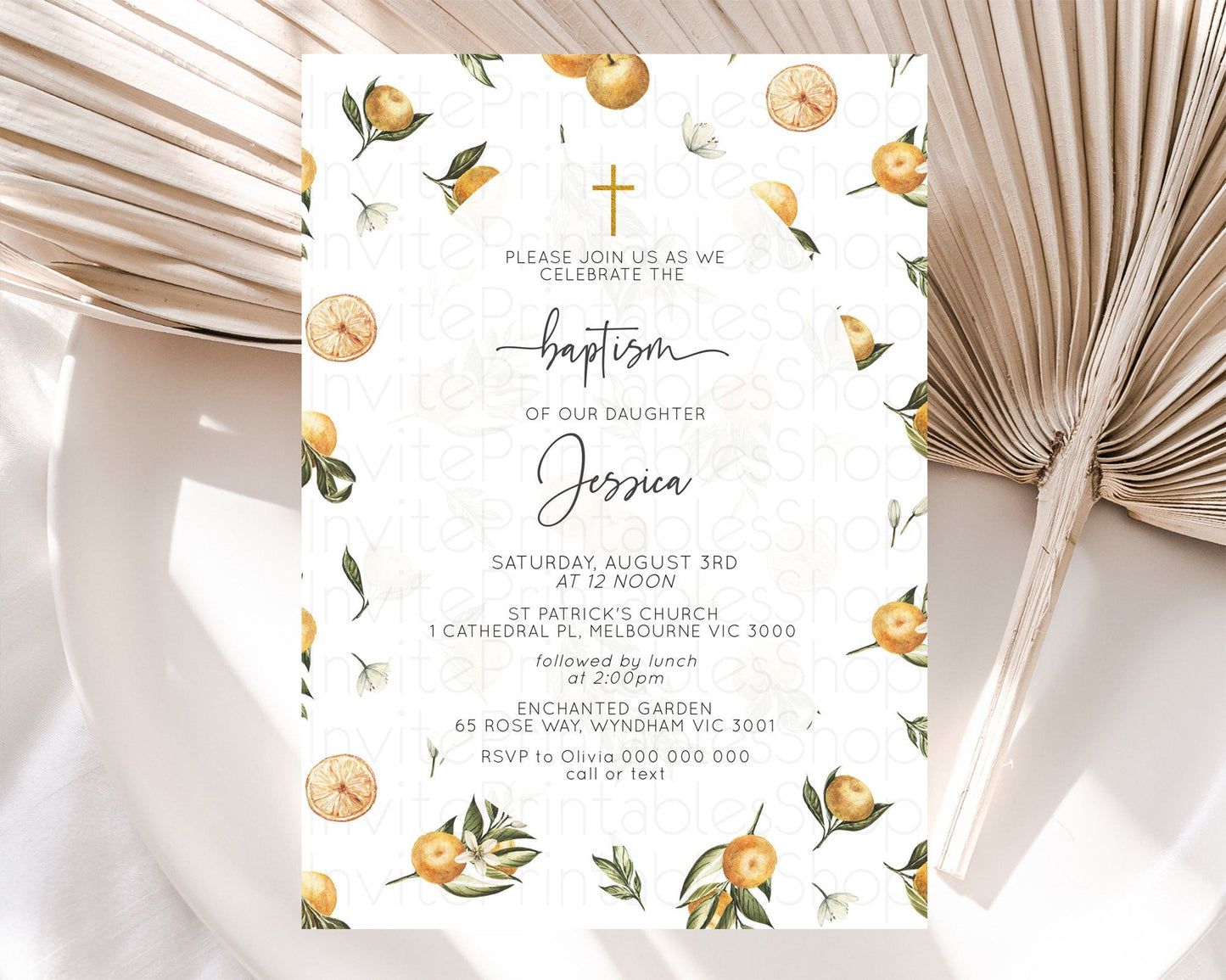 Citrus Baptism Invitation Lemon Orange Baptism 1st Birthday Invitation Citrus Garden Christening Invitation Citrus Floral Religious D10545