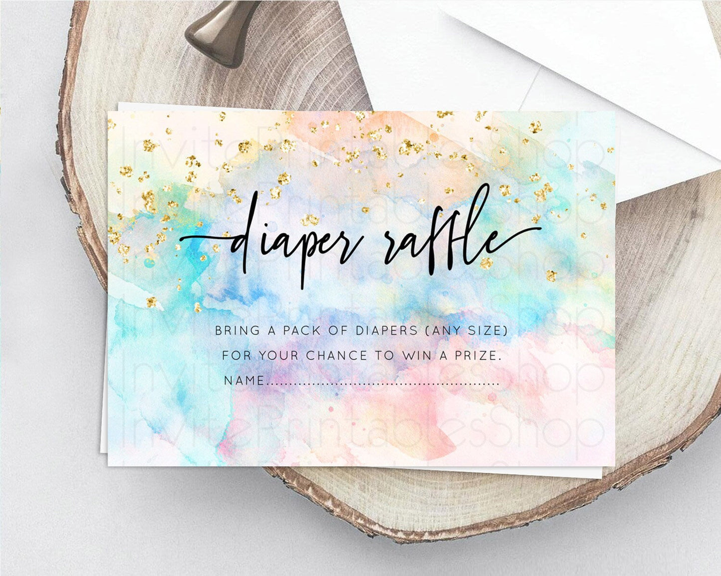 Pastel Diaper Raffle Card Pastel Rainbow Diaper Raffle Insert Colorful Ombre Watercolor Diaper Ticket Confetti Glitter Raffle Game D10260