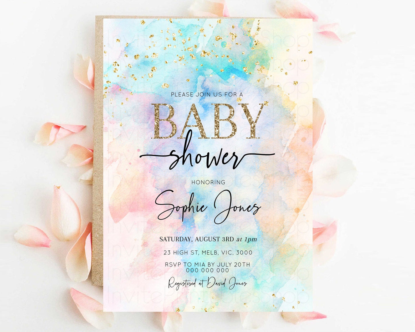 Rainbow Baby Shower Invitation Pastel Baby Sower Invitation Colorful Splash Invite Sprinkle Confetti Watercolor Ombre Baby Shower 276v3