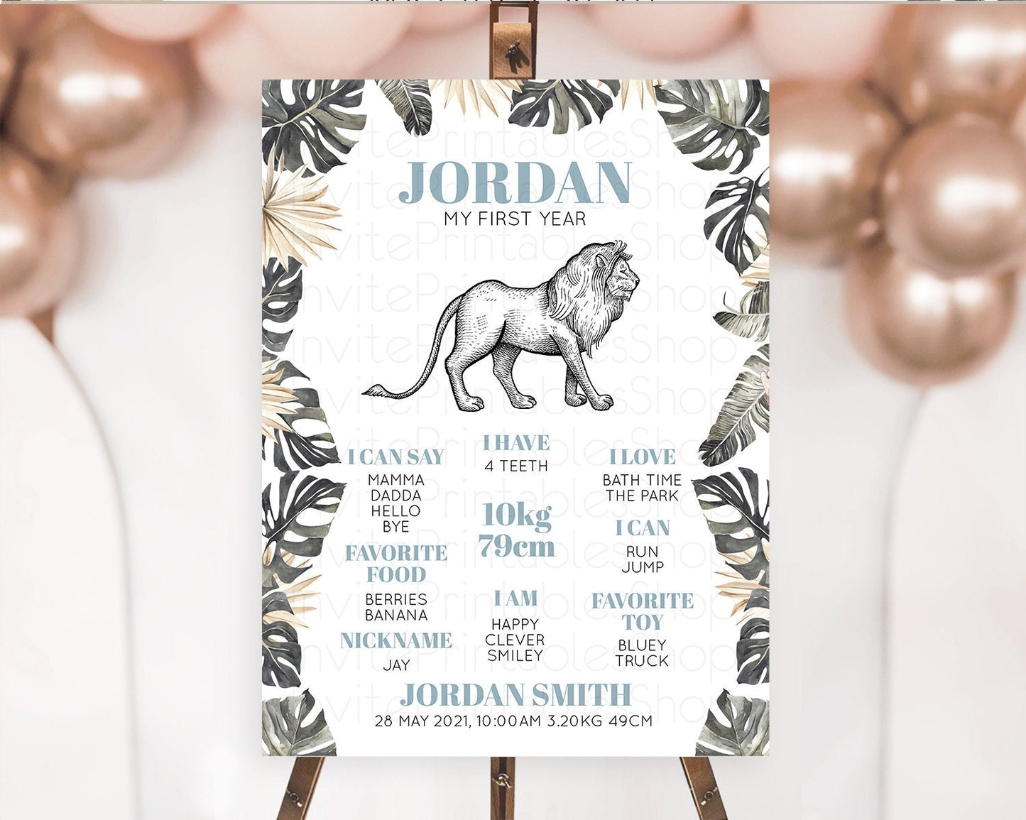 Lion First Birthday Milestone Board Lion Milestone Poster Lion Decor Safari Adventure Palm Leaf Lion First Birthday Welcome Sign D10807