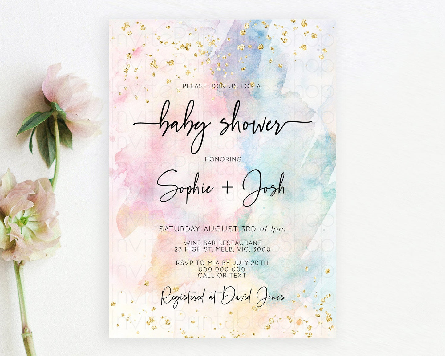 Pastel Baby Shower Invitation Rainbow Baby Shower Invitation Colorful Pastel Watercolor Invitation Gold Glitter Sprinkles Ombre D10276