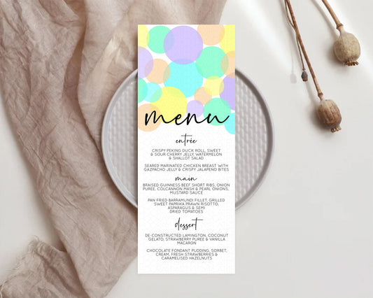 Rainbow Menu Pastel Menu Template Pastel Rainbow Table Decor Confetti Colorful Pastel Menu Confetti Menu Dinner Plate Party Decor D10412