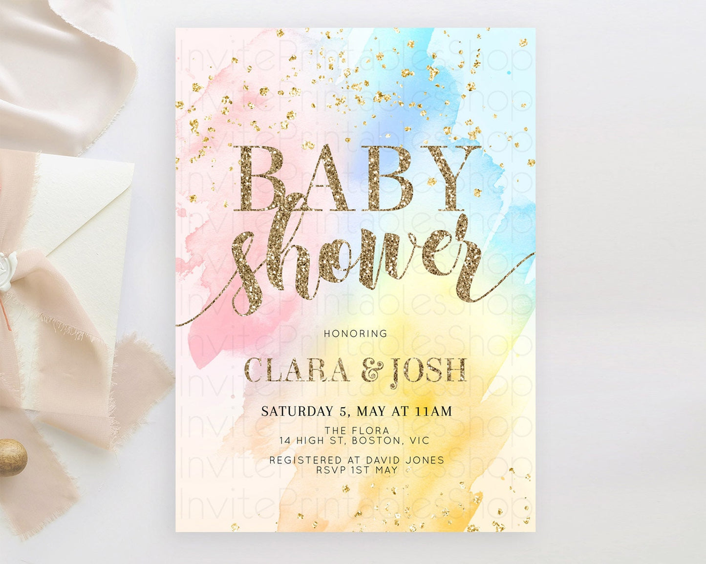 Pastel Baby Shower Invitation Rainbow Baby Shower Invitation Colorful Pastel Watercolor Invitation Gold Glitter Sprinkles Ombre D10556