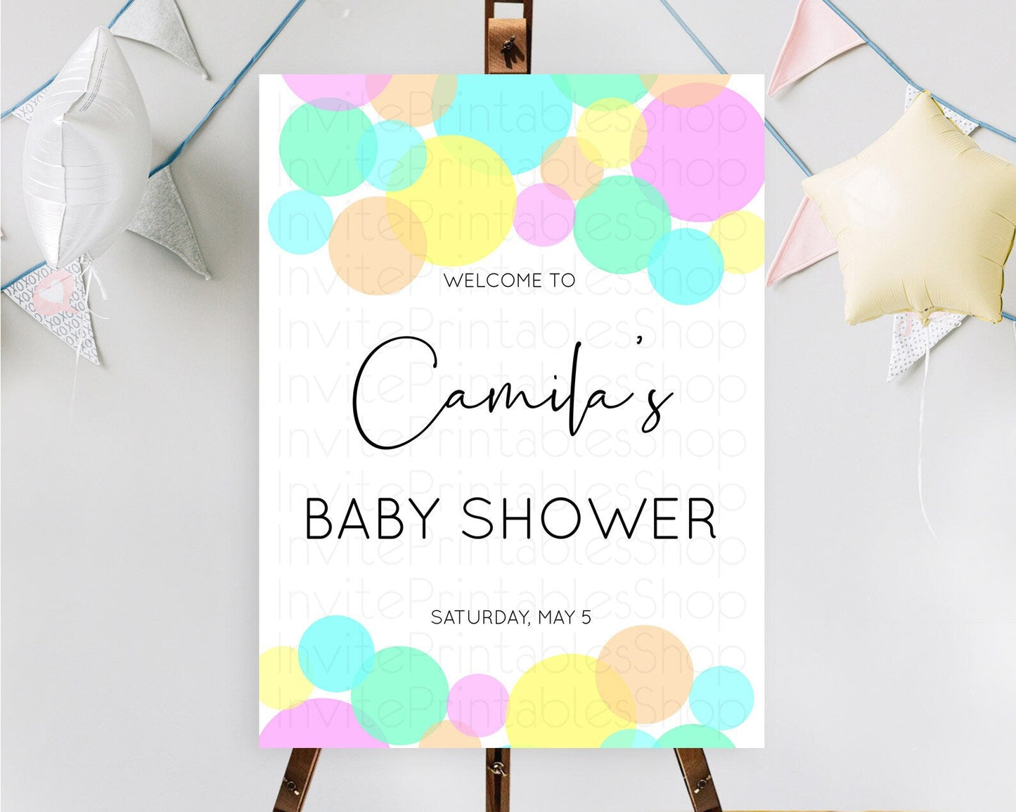 Rainbow Baby Shower Welcome Sign Pastel Welcome Board Pastel Rainbow Confetti Welcome Sign Colorful Bubbles Pastel Welcome Sign D10409