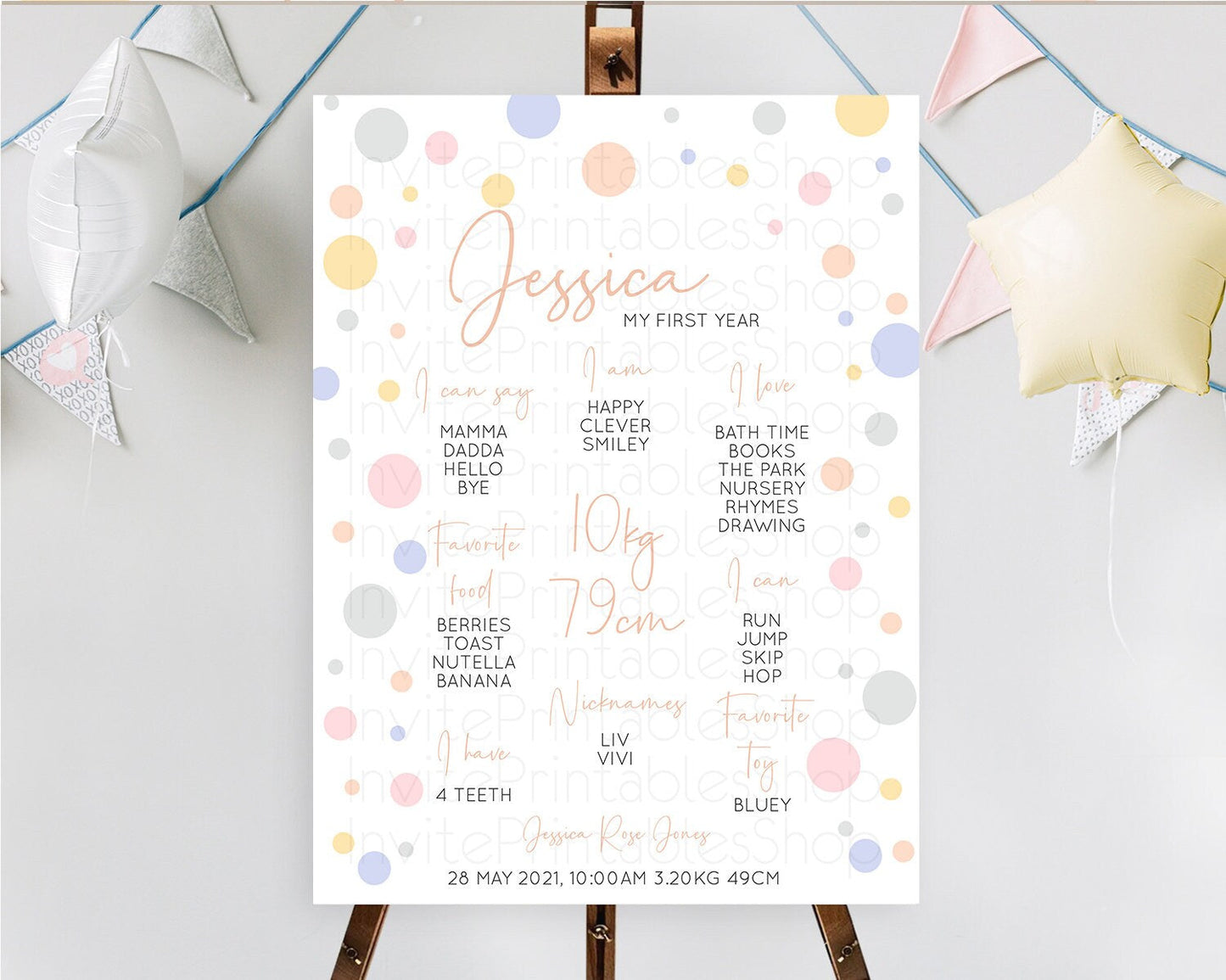 Pastel First Birthday Milestone Poster Pastel Rainbow Confetti First Birthday Milestone Board Colorful Bubbles Birthday Welcome Sign D10759