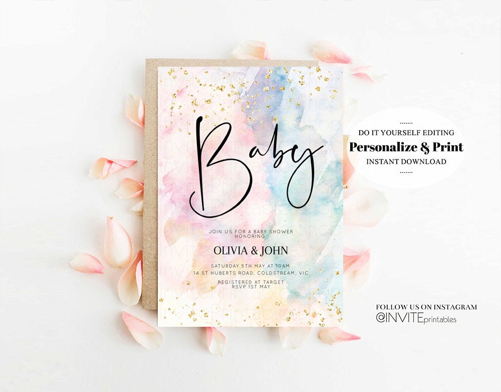 Rainbow Baby Shower Invitation Pastel Watercolor Invitation Colorful Splash Gold Splatter Glitter Foil Sprinkles Confetti Editable 276