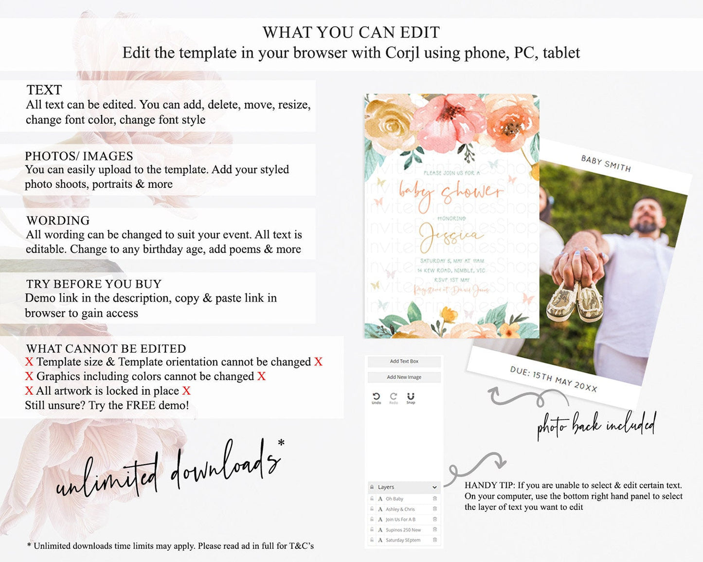 Wildflower Baby Shower Invitation Secret Garden Baby Shower Invitation Pastel Flowers Invite Enchanted Garden Shower Floral Theme D10347