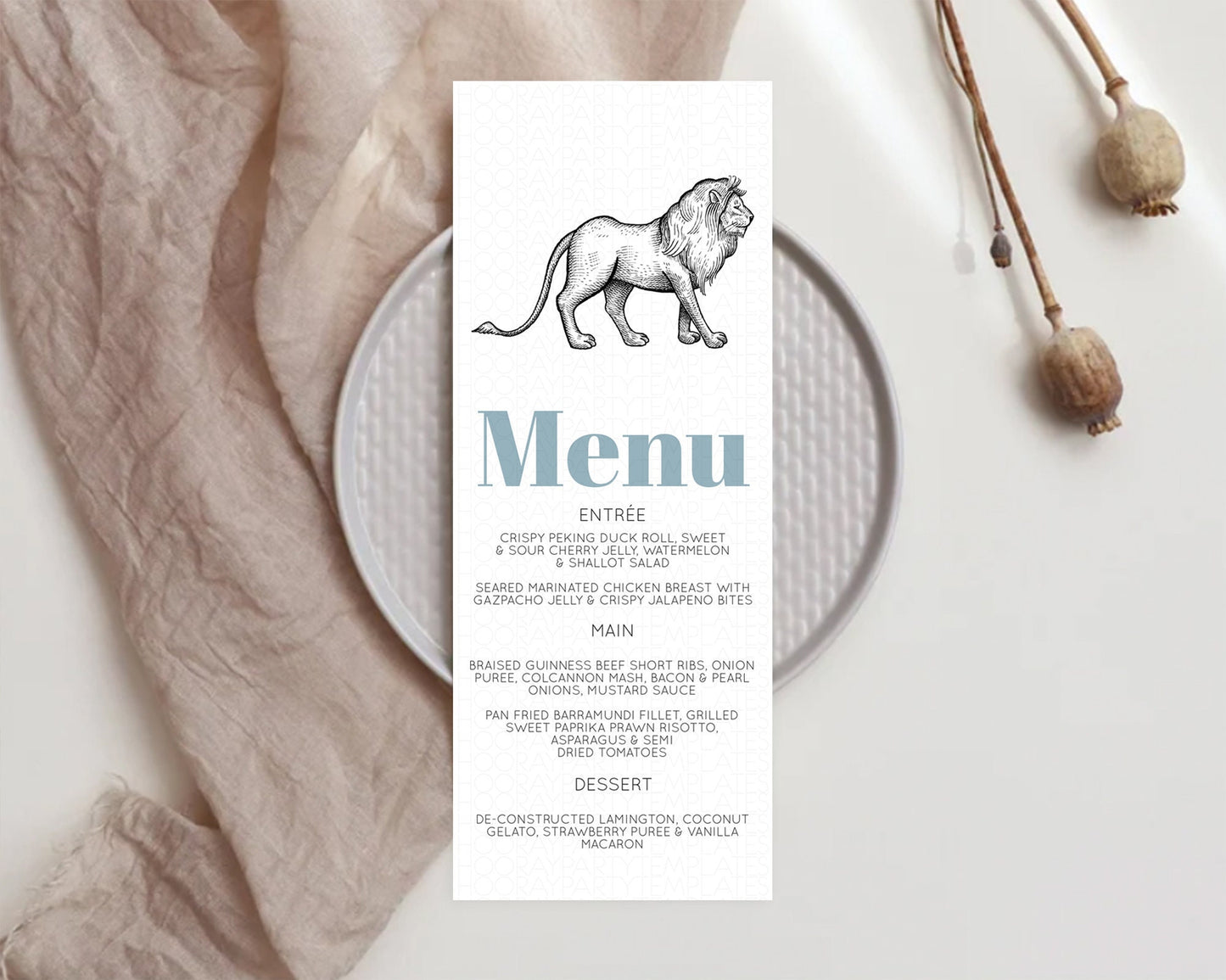 Lion Menu Lion Menu Template Lion Party Table Decor Safari Adventure Lion Menu Dried Palm Fern Lion Dinner Dessert Party Food Menu D10246