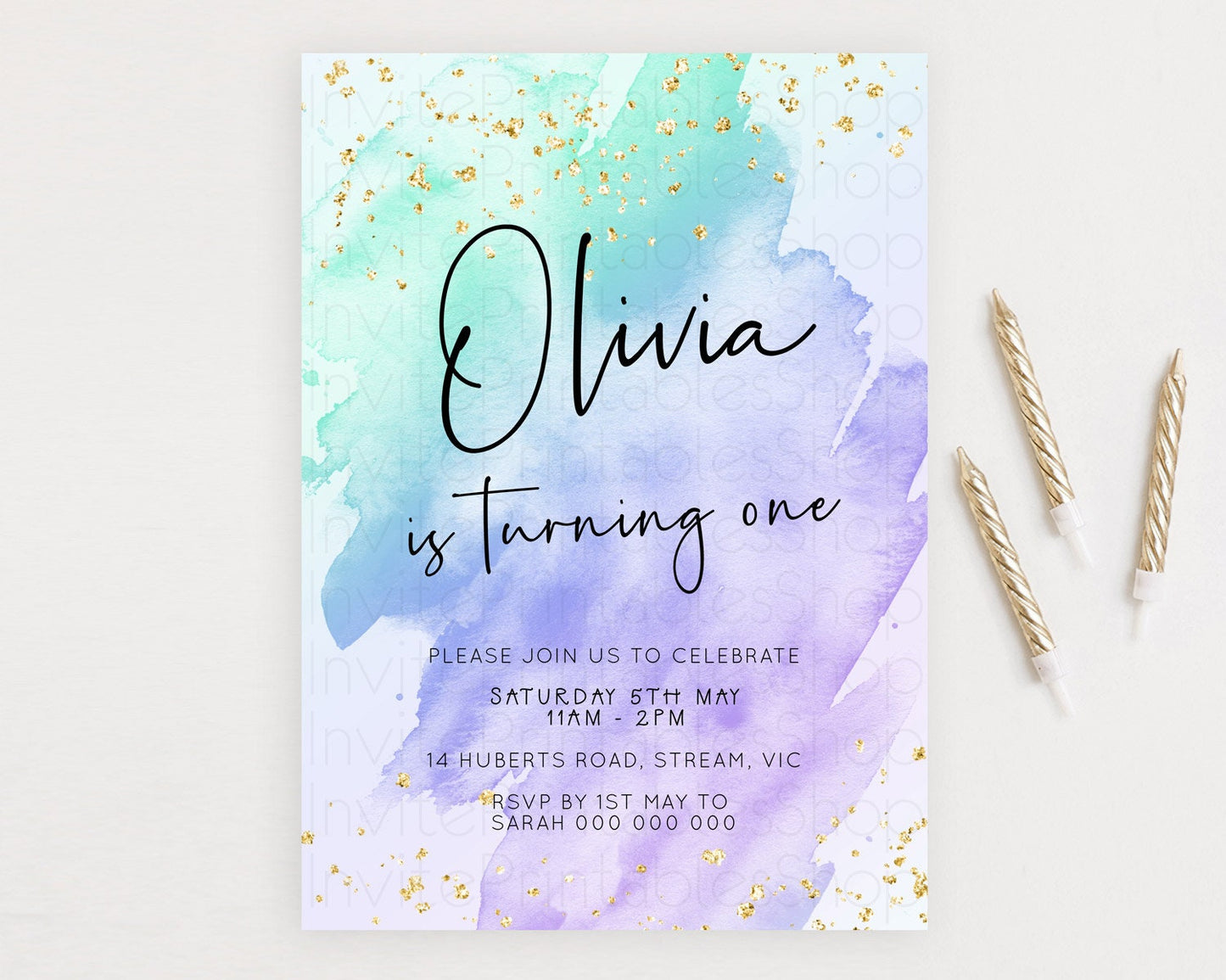 Pastel Birthday Invitation Ombre Watercolor Birthday Invitation Glitter Rainbow Color Splash 1st 2nd 3rd Birthday Invitation D23057