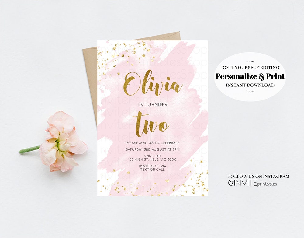 Pink Birthday Invitation Pink Splash Watercolor Invite Gold Glitter Sprinkles Ombre Pastel Invitation 1st 2nd 3rd Printable Editable Invite