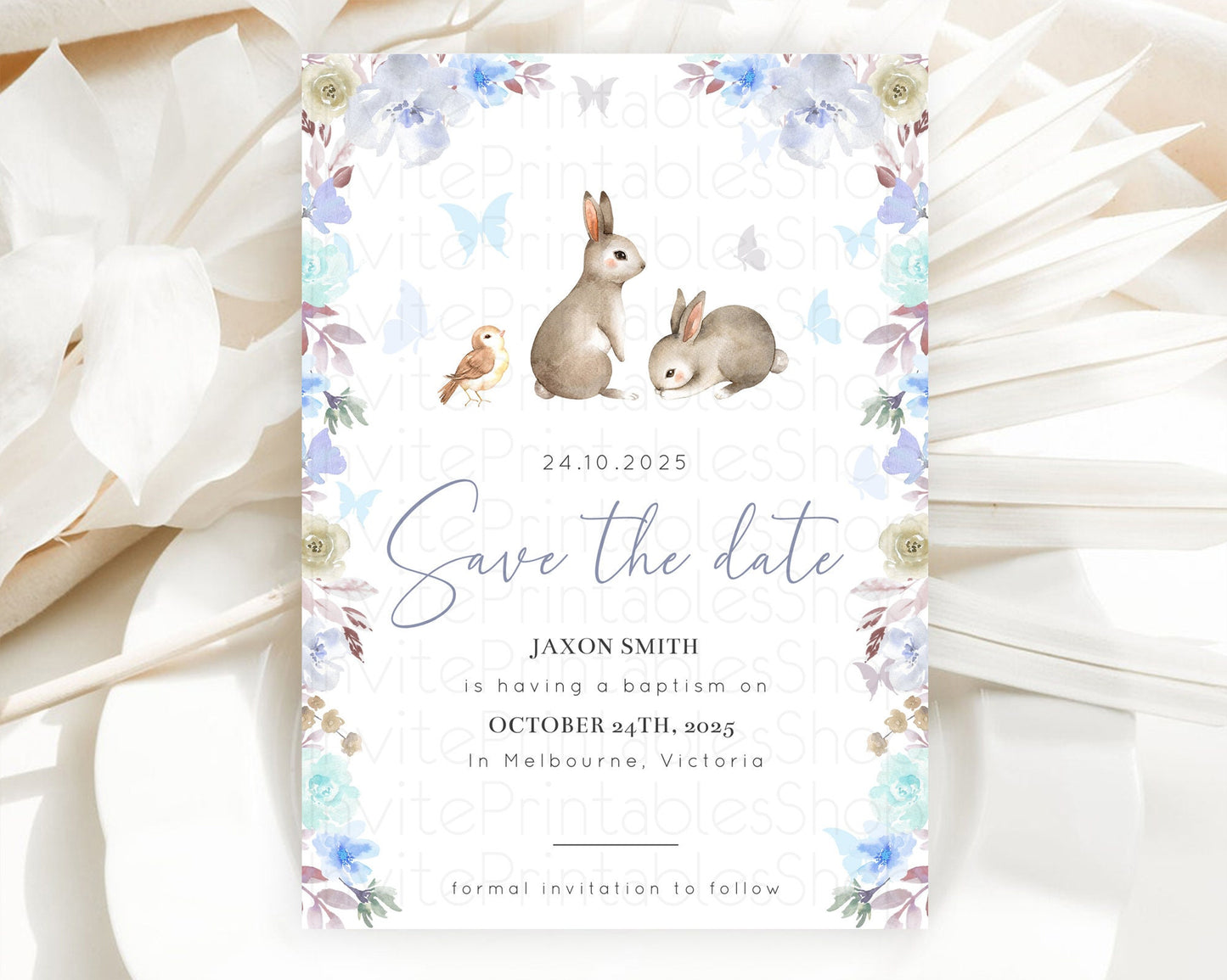 Floral Bunny Save The Date Template Pastel Flowers Forest Bunny Secret Garden Some Bunny Party 1st Birthday Baby Shower Baptism D10927